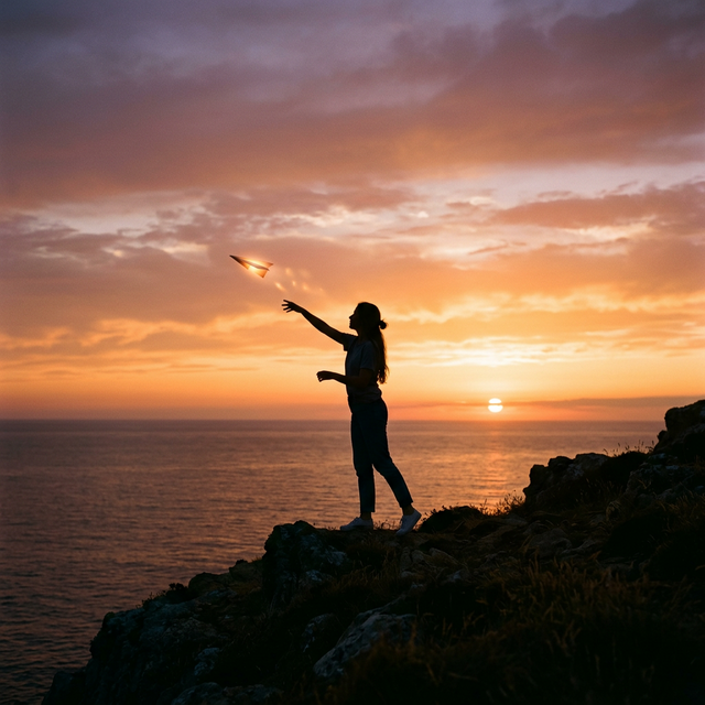 A person throwing a paper plane into a sunset sky, representing emotional release and letting go